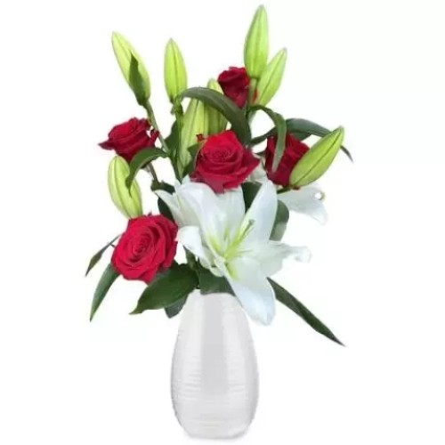Bouquet of 5 red roses and 2 white lilies