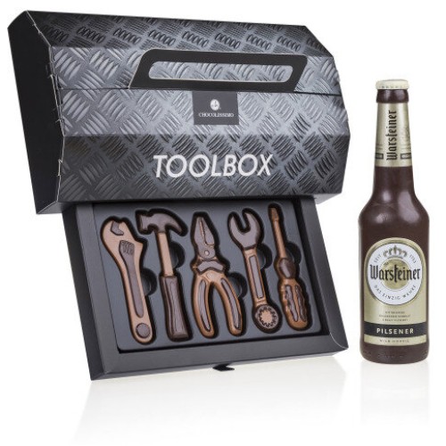 Chocolate toolbox and chocolate beer bottle