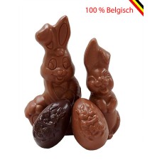 Two bunnies and 2 chocolate Easter eggs