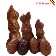Trio of Easter bunnies with chocolate Easter eggs