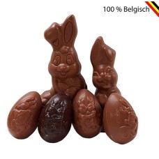 Duo Easter bunnies with chocolate Easter eggs
