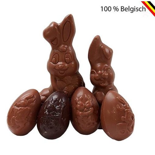 Duo Easter bunnies with chocolate Easter eggs