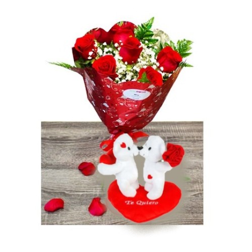 Love Bouquet (6 red roses + couple bears in love)