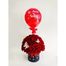 Floral arrangement with red roses and personalized balloon
