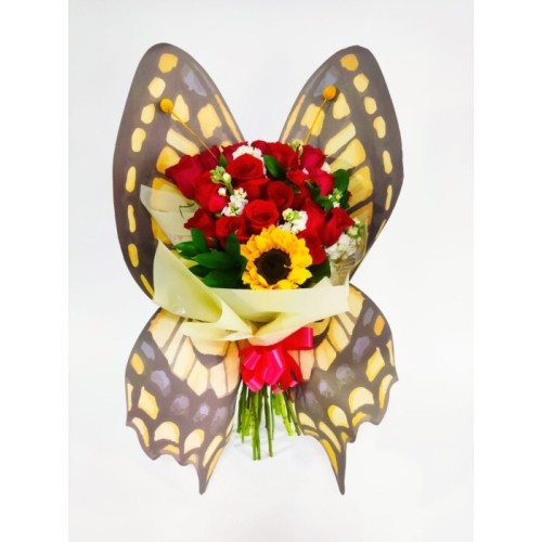 Beautiful butterfly bouquet with roses  and sunflowers