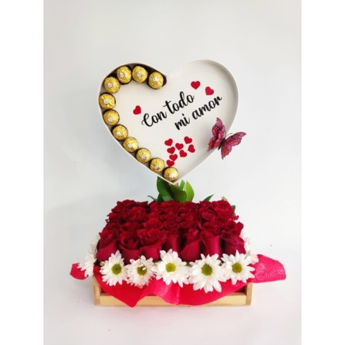 Arrangement in a wooden box with roses and chocolates