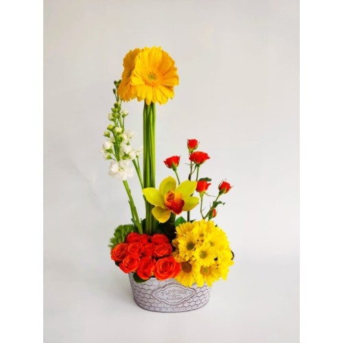 Beautiful orchid with roses, mini roses, gerberas and daisies