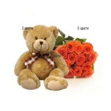 Bouquet of orange roses and Teddy Bear
