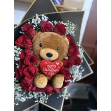 Bear and Rose Bouquet (BEAR HOLDING PINK HEART I LOVE YOU MORE)