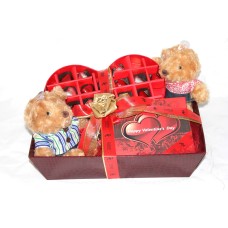 Passionate Love Hamper- Couple Teddies, Heart Box With Chocolates And A Valentine Special Box Of 12 Chocolates