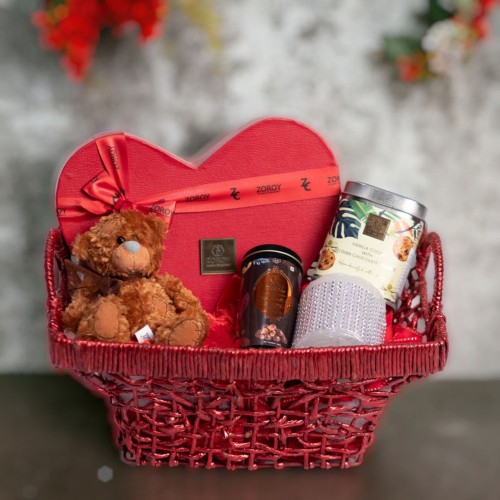 Luxury Chocolate Valentines Sweetheart Hamper | Heart Chocolates in a heart box 14 nos| A gift for someone you love | Handcrafted cookies 100G | Chocolate coated nuts 100G | Teddy bear | 100% Veg