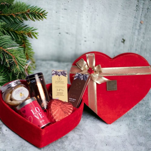 Luxury Chocolate My Heart For You Valentines Hamper | Velvet Heart Box | Assorted chocolate | Chocolate coated Nuts 100G | Dehydrated fruits 100G | Belgian bars 2 Nos | 100% Veg