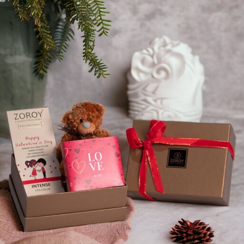 Luxury Chocolate Valentines Trio Hamper | Assorted Chocolates | A gift for someone you love | Belgian style bar | Teddy bear | 100% Veg