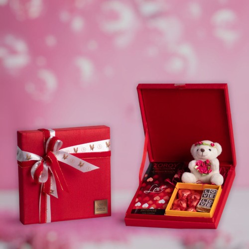 LUXURY CHOCOLATE Red Silk Box with Valentines special chocolates and teddy bear For Girlfriend | Boyfriend Anniversary Gifts For Wife | Husband | Love Chocolates | Chocolate Hamper