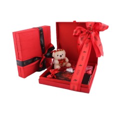 Red Silk Box With Valentines Special Chocolates And Teddy Bear